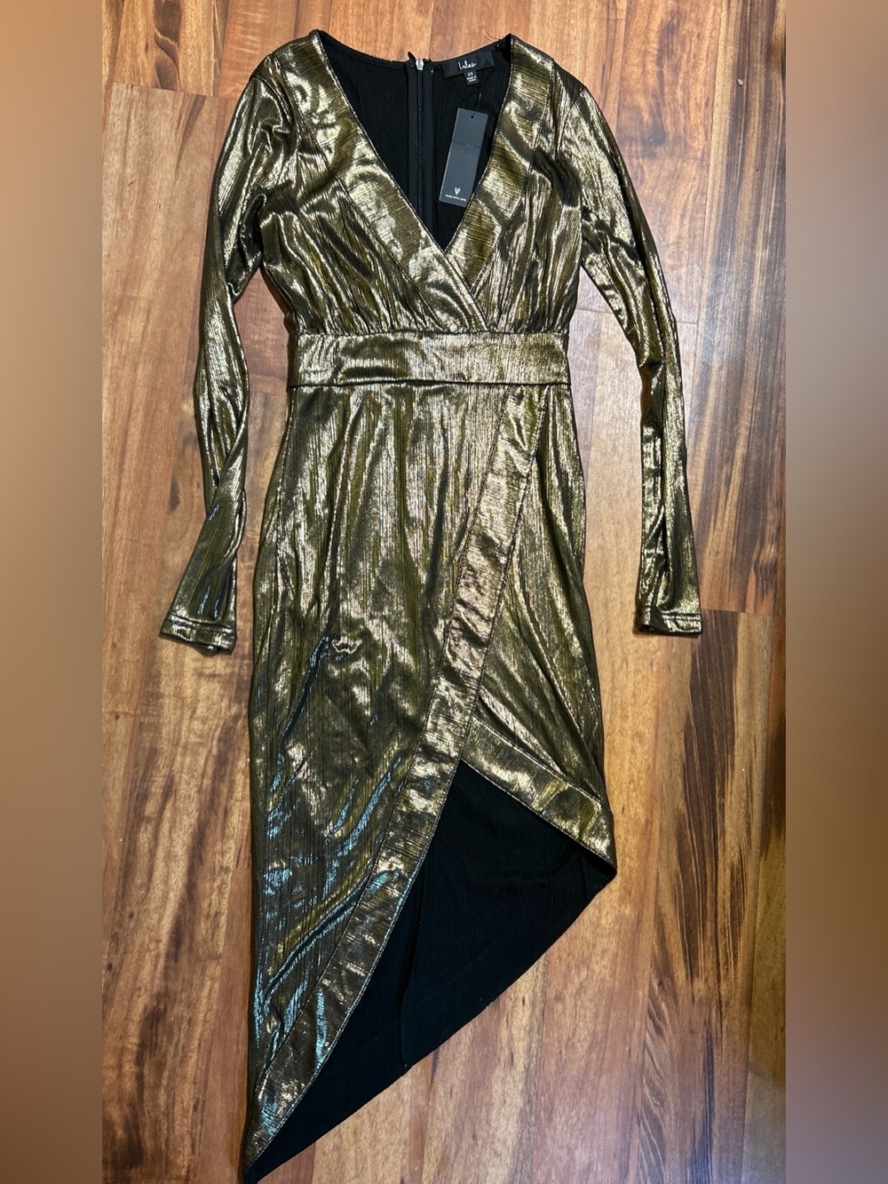 NWT Lulus Violet Gold Metallic Long Sleeve Asymmetrical Mini Dress